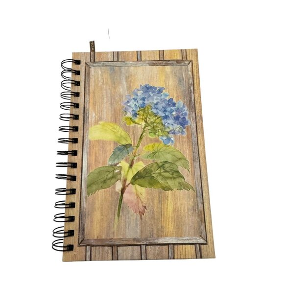 Penman Paper Spiral Journal With Hydrangea Floral Design On Woodgrain Cover Line - Picture 1 of 8